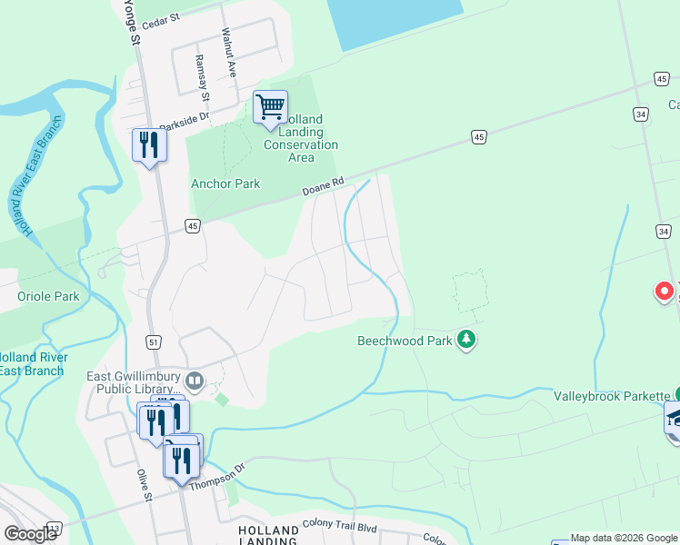 map of restaurants, bars, coffee shops, grocery stores, and more near 93 Forest Edge Crescent in East Gwillimbury