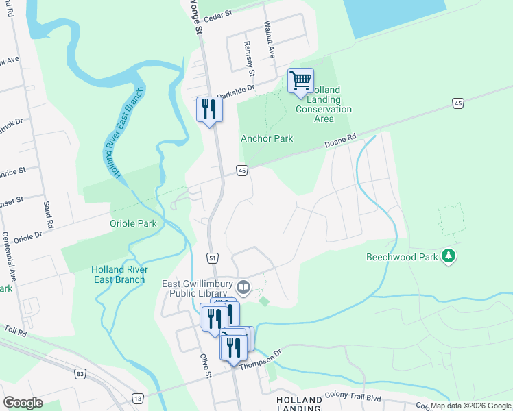 map of restaurants, bars, coffee shops, grocery stores, and more near 8 Anchor Court in East Gwillimbury
