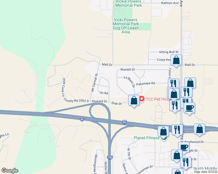map of restaurants, bars, coffee shops, grocery stores, and more near Un Road in Rapid City