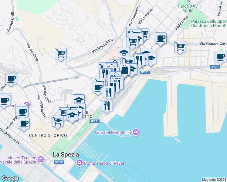 map of restaurants, bars, coffee shops, grocery stores, and more near 35 Via XXIV Maggio in La Spezia