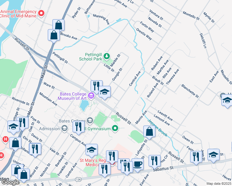 map of restaurants, bars, coffee shops, grocery stores, and more near 39 Wellman Street in Lewiston