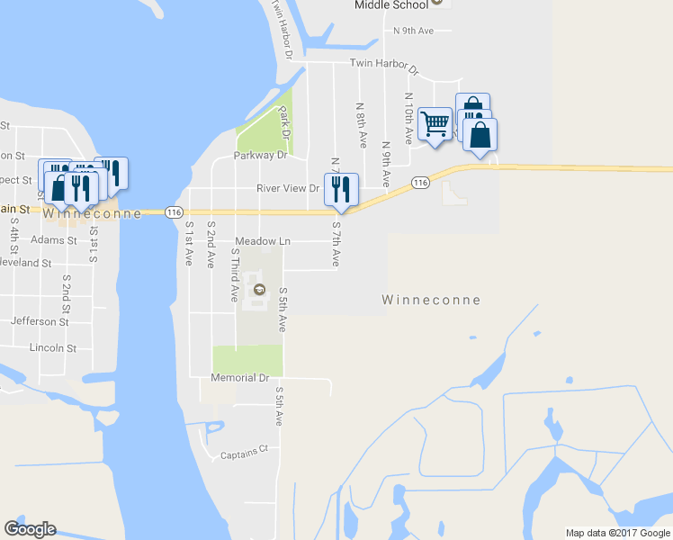 map of restaurants, bars, coffee shops, grocery stores, and more near 701 Old Orchard Road in Winneconne