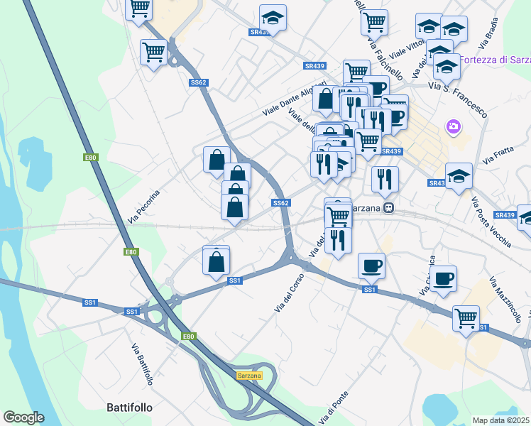 map of restaurants, bars, coffee shops, grocery stores, and more near 841 Via Brigata Partigiana Ugo Muccini in Sarzana
