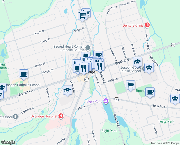 map of restaurants, bars, coffee shops, grocery stores, and more near 42 Brock Street West in Uxbridge