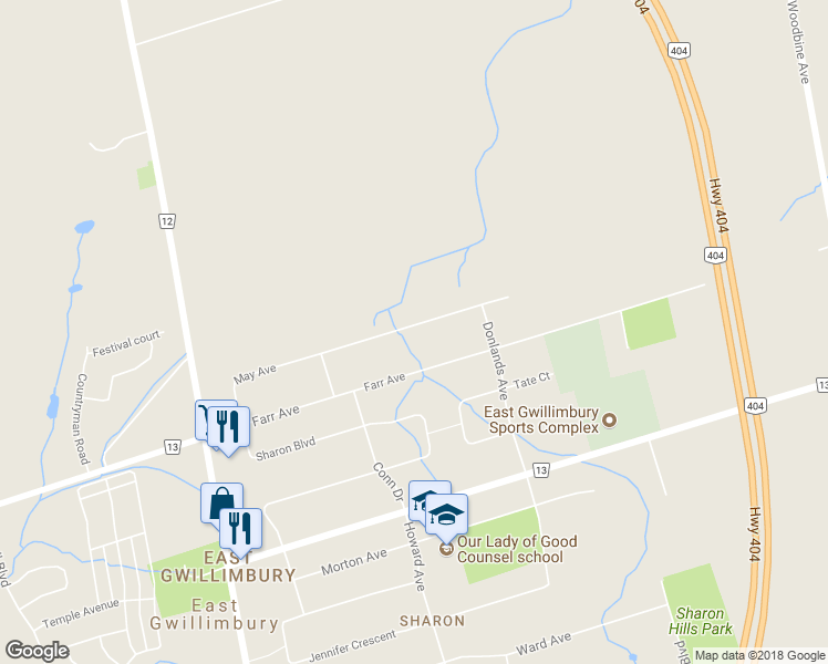 map of restaurants, bars, coffee shops, grocery stores, and more near 59 May Avenue in East Gwillimbury