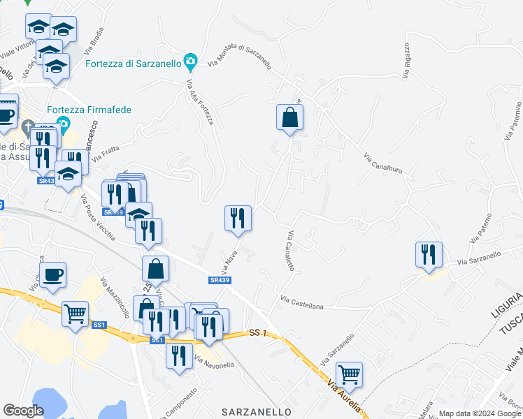 map of restaurants, bars, coffee shops, grocery stores, and more near 16 Via Nave in Sarzana