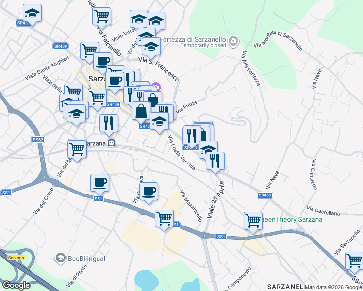 map of restaurants, bars, coffee shops, grocery stores, and more near 10 Via Posta Vecchia in Sarzana