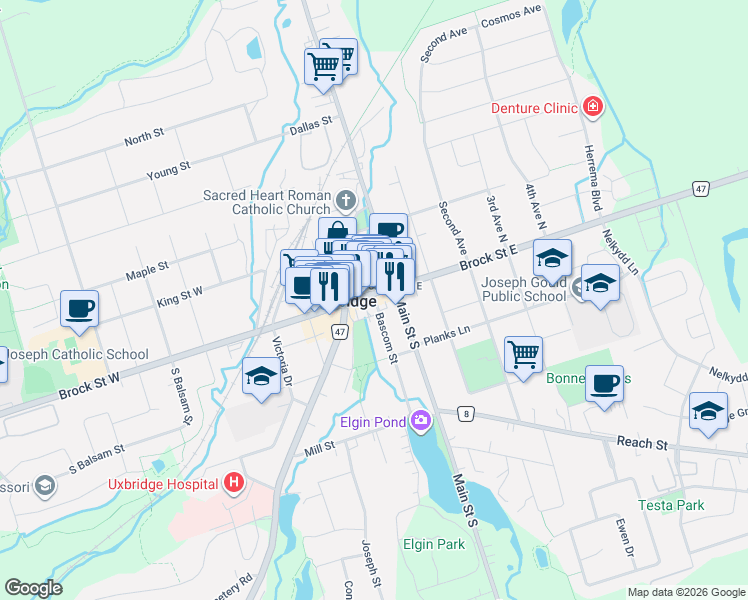map of restaurants, bars, coffee shops, grocery stores, and more near 2 Bascom Street in Uxbridge