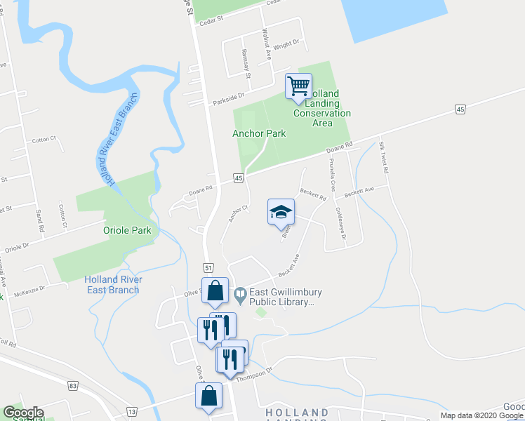 map of restaurants, bars, coffee shops, grocery stores, and more near 10 Anchor Court in East Gwillimbury