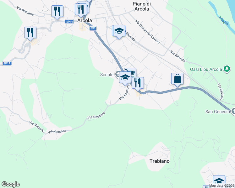 map of restaurants, bars, coffee shops, grocery stores, and more near 72 Via Ressora in Arcola