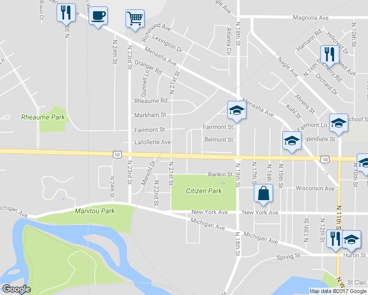 map of restaurants, bars, coffee shops, grocery stores, and more near 1110 Park Row Boulevard in Manitowoc
