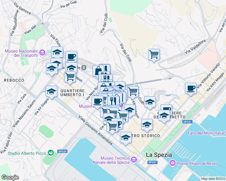 map of restaurants, bars, coffee shops, grocery stores, and more near Piazza Giuseppe Garibaldi in La Spezia