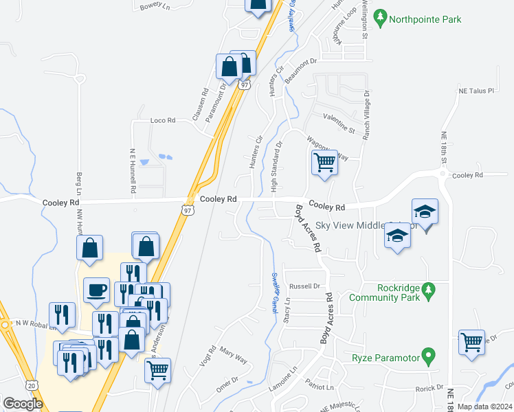 map of restaurants, bars, coffee shops, grocery stores, and more near 63598 Hunters Circle in Bend