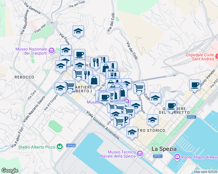 map of restaurants, bars, coffee shops, grocery stores, and more near 28 Via Torino in La Spezia