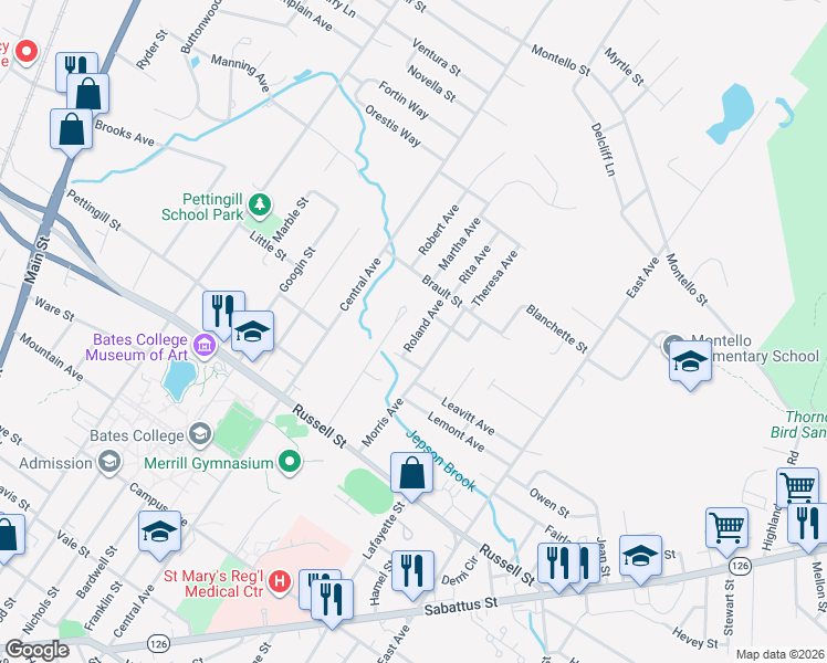 map of restaurants, bars, coffee shops, grocery stores, and more near 18 Roland Ave in Lewiston