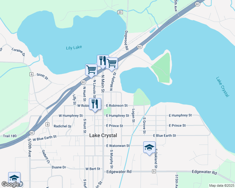 map of restaurants, bars, coffee shops, grocery stores, and more near 251 North Crystal Street in Lake Crystal