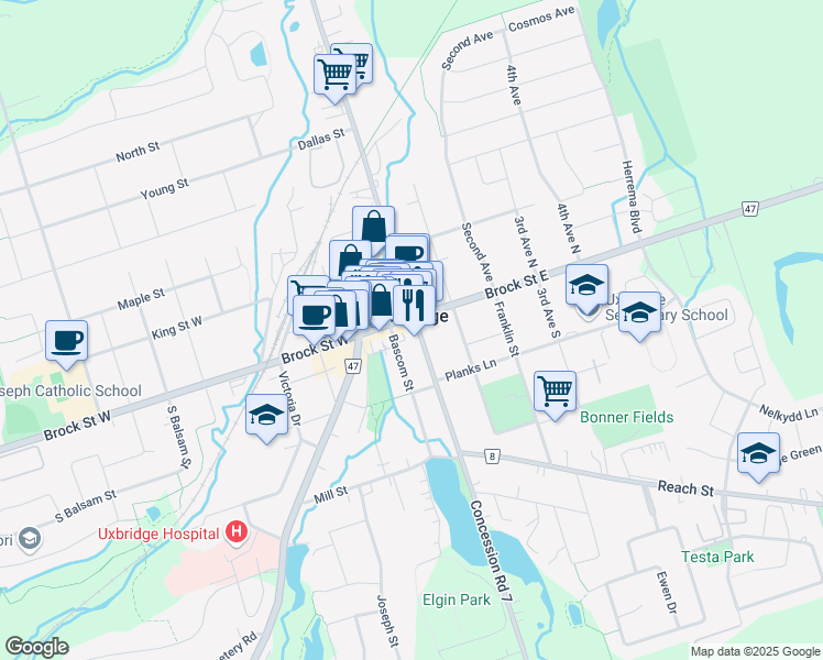 map of restaurants, bars, coffee shops, grocery stores, and more near in Uxbridge