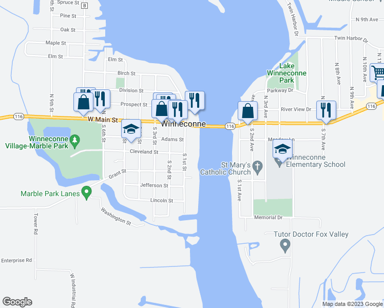 map of restaurants, bars, coffee shops, grocery stores, and more near 211 South 1st Street in Winneconne