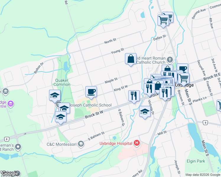map of restaurants, bars, coffee shops, grocery stores, and more near 40 Balsam Street North in Uxbridge