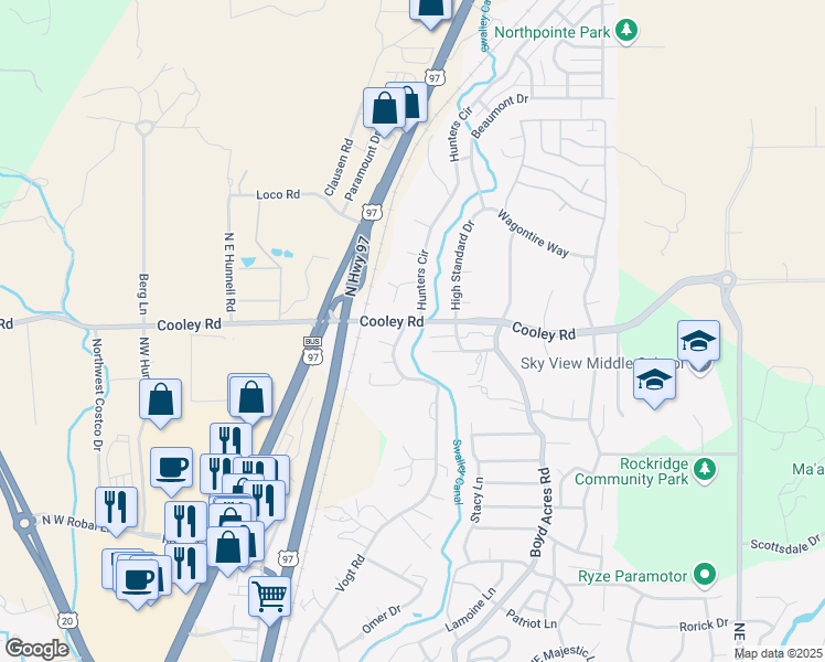 map of restaurants, bars, coffee shops, grocery stores, and more near 63598 Hunters Circle in Bend