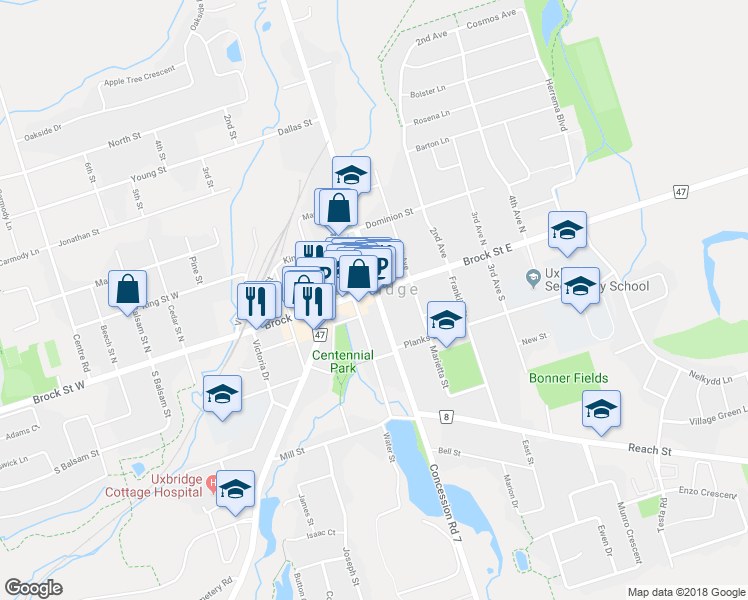map of restaurants, bars, coffee shops, grocery stores, and more near 2 Brock Street West in Uxbridge