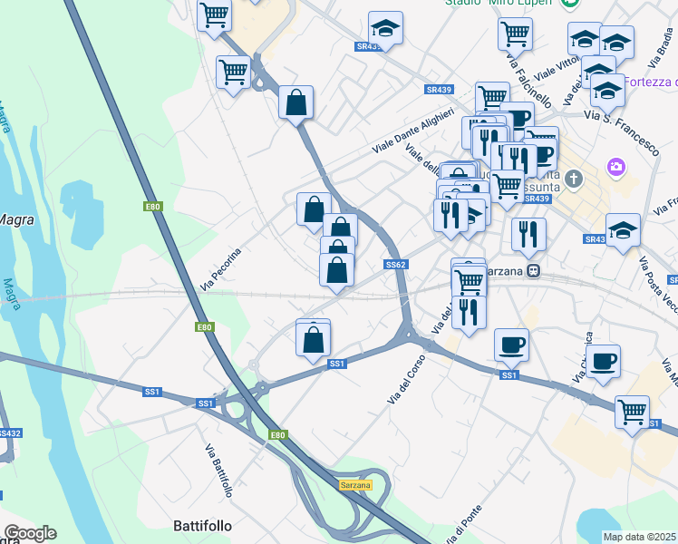 map of restaurants, bars, coffee shops, grocery stores, and more near 30 Via Ronzano in Sarzana