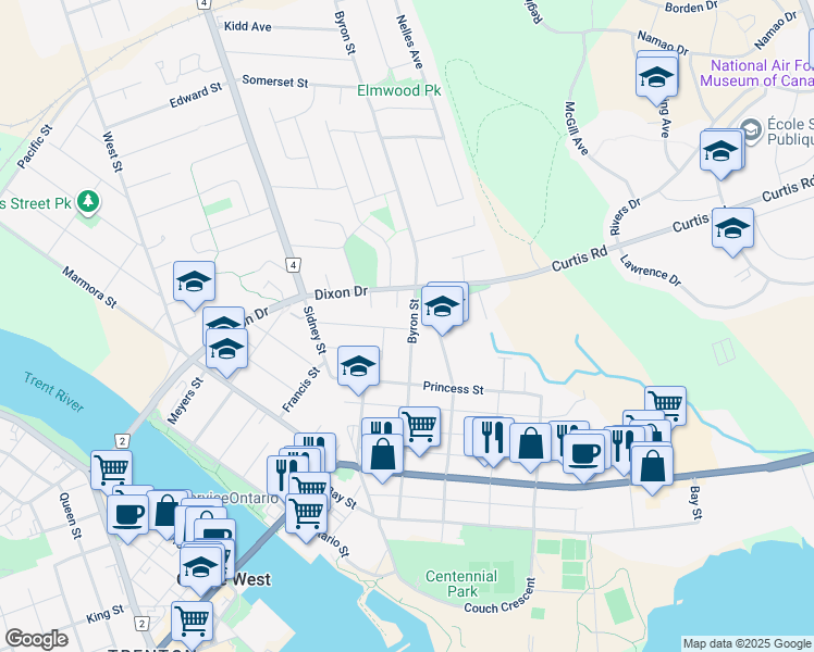 map of restaurants, bars, coffee shops, grocery stores, and more near 52 McCann Street in Quinte West