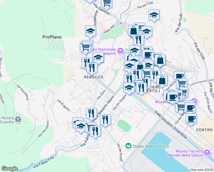 map of restaurants, bars, coffee shops, grocery stores, and more near 62 Via Monfalcone in La Spezia