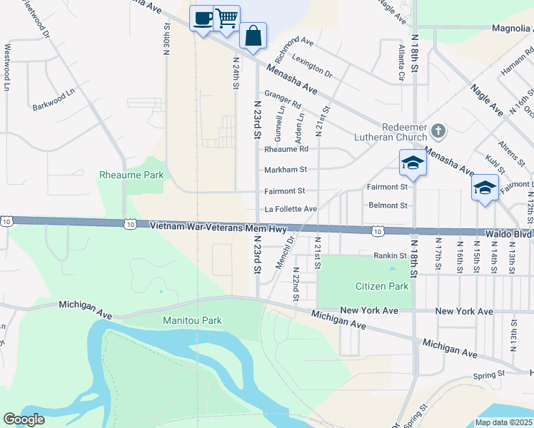 map of restaurants, bars, coffee shops, grocery stores, and more near 2233 La Follette Avenue in Manitowoc