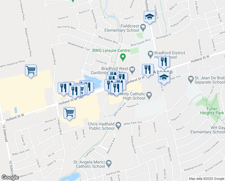map of restaurants, bars, coffee shops, grocery stores, and more near 444 Holland Street West in Bradford West Gwillimbury