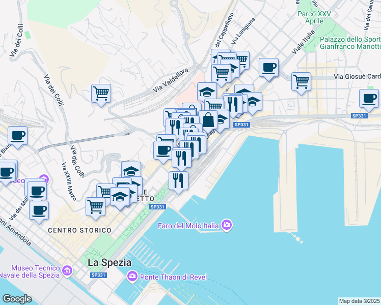 map of restaurants, bars, coffee shops, grocery stores, and more near 35 Via XXIV Maggio in La Spezia