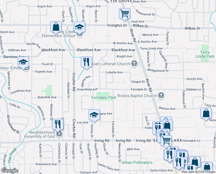 map of restaurants, bars, coffee shops, grocery stores, and more near 349 Greenfield Avenue in Eugene