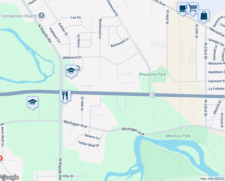 map of restaurants, bars, coffee shops, grocery stores, and more near 3512 Waldo Boulevard in Manitowoc