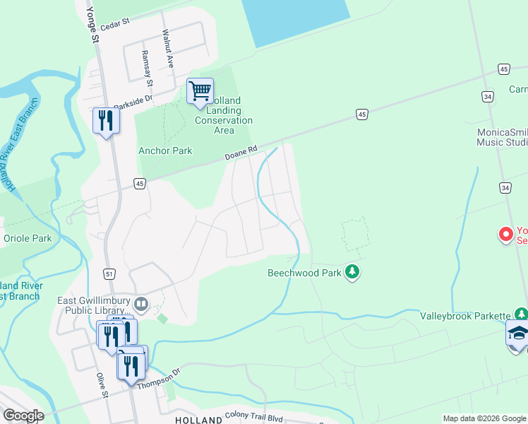 map of restaurants, bars, coffee shops, grocery stores, and more near 98 Forest Edge Crescent in East Gwillimbury