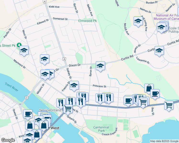 map of restaurants, bars, coffee shops, grocery stores, and more near 52 McCann Street in Quinte West
