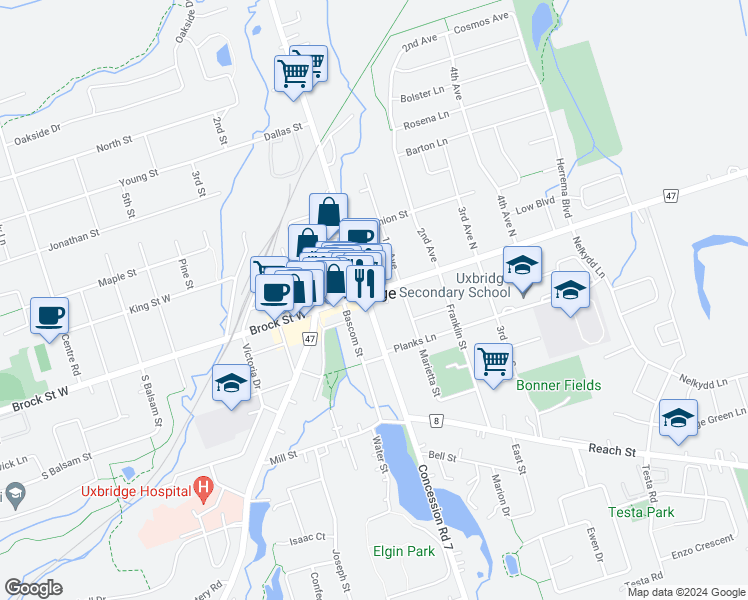 map of restaurants, bars, coffee shops, grocery stores, and more near in Uxbridge