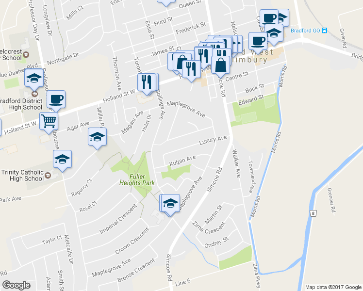 map of restaurants, bars, coffee shops, grocery stores, and more near in Bradford West Gwillimbury