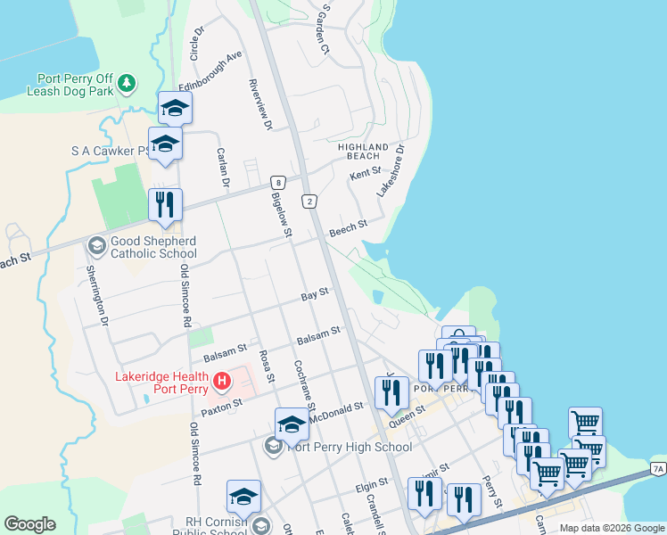 map of restaurants, bars, coffee shops, grocery stores, and more near 15779 Simcoe Street in Scugog