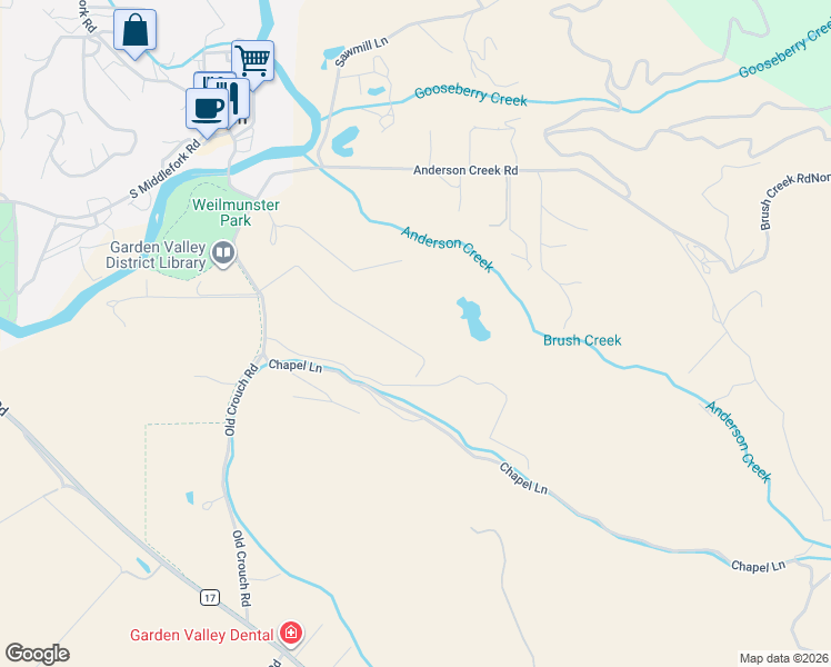map of restaurants, bars, coffee shops, grocery stores, and more near 25 Brook View Lane in Garden Valley