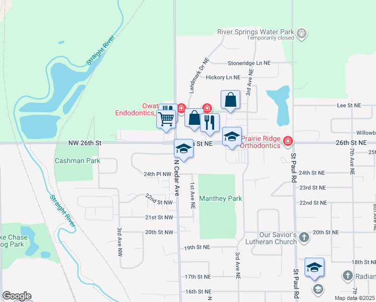 map of restaurants, bars, coffee shops, grocery stores, and more near 2575 North Cedar Avenue in Owatonna