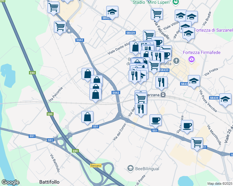 map of restaurants, bars, coffee shops, grocery stores, and more near Strada Statale 62 della Cisa in Sarzana