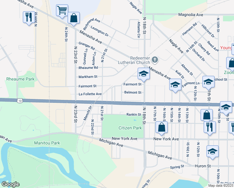 map of restaurants, bars, coffee shops, grocery stores, and more near 1110 Park Row Boulevard in Manitowoc