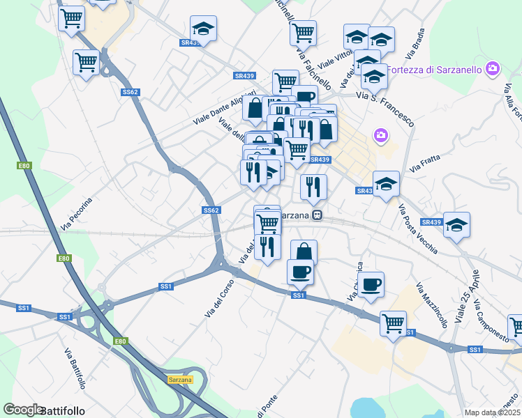 map of restaurants, bars, coffee shops, grocery stores, and more near Via Murello in Sarzana