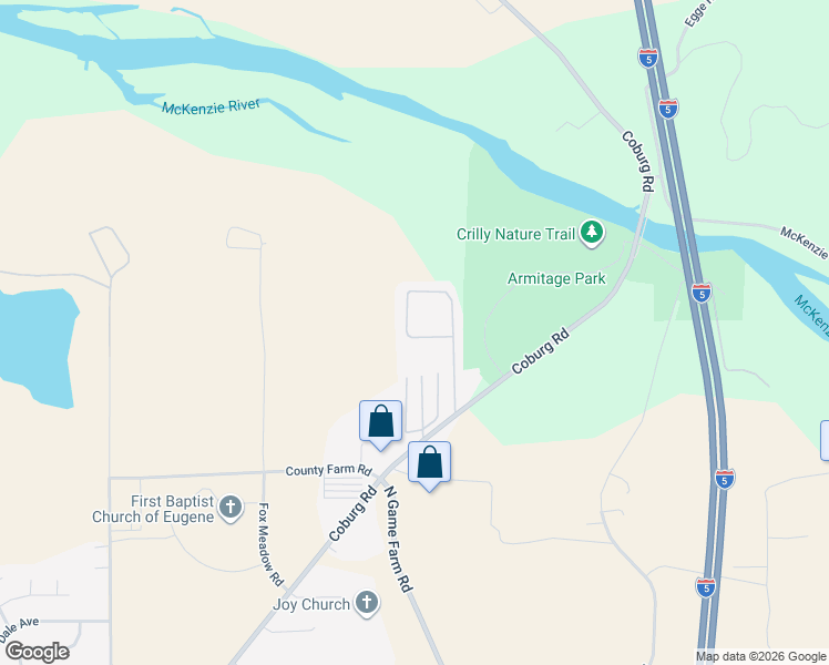 map of restaurants, bars, coffee shops, grocery stores, and more near 3950 Coburg Road in Eugene