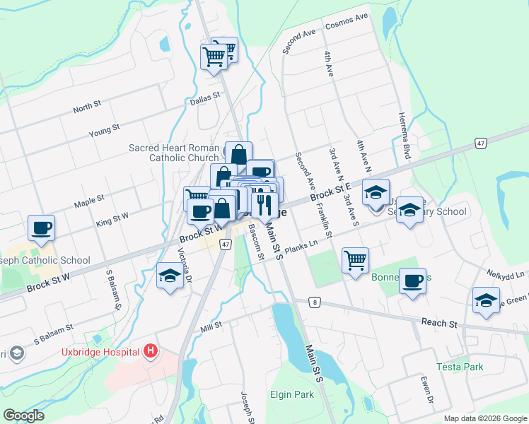 map of restaurants, bars, coffee shops, grocery stores, and more near in Uxbridge