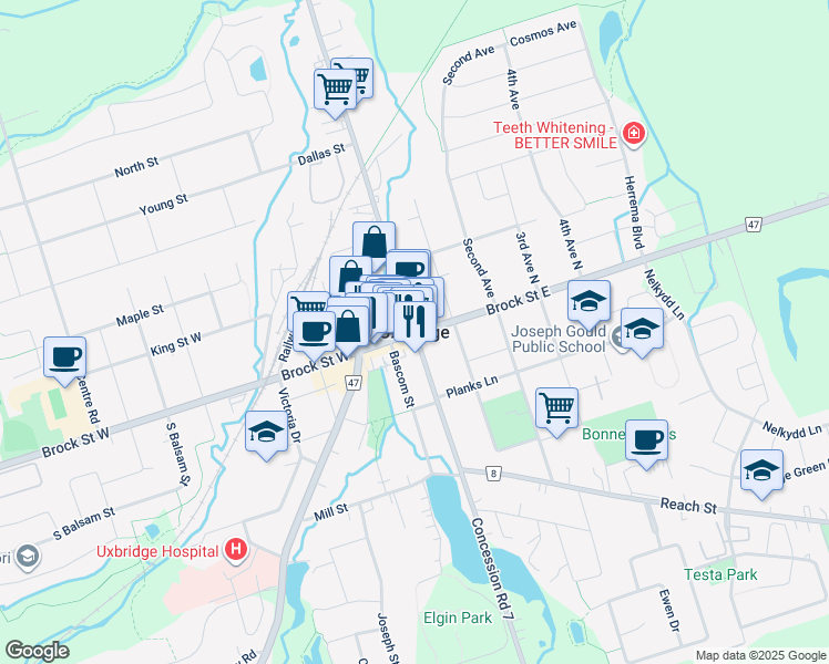 map of restaurants, bars, coffee shops, grocery stores, and more near 323 Toronto Street South in Uxbridge