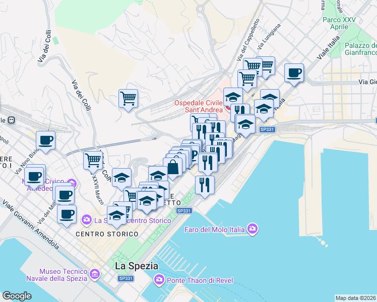 map of restaurants, bars, coffee shops, grocery stores, and more near 71 Via Francesco Crispi in La Spezia