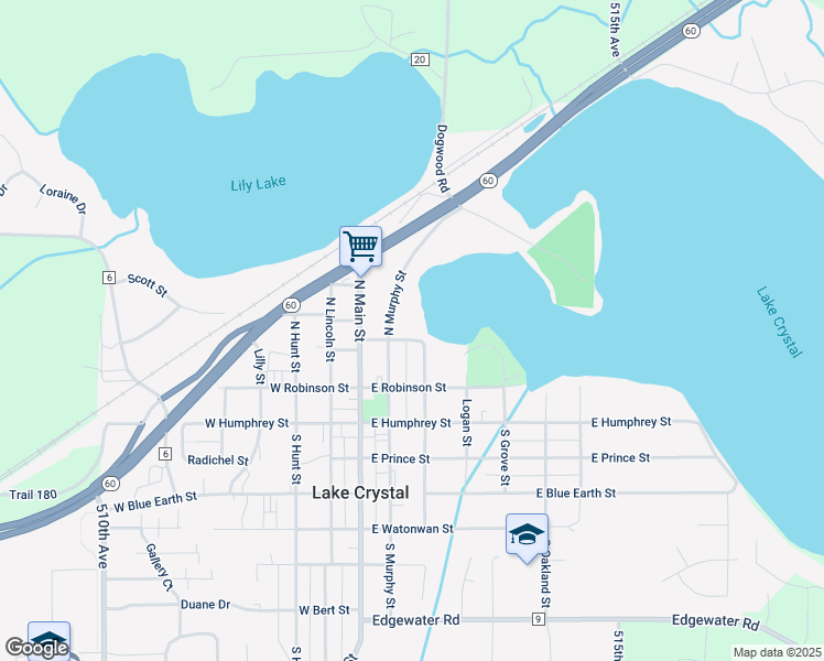 map of restaurants, bars, coffee shops, grocery stores, and more near 251 North Crystal Street in Lake Crystal
