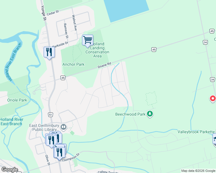 map of restaurants, bars, coffee shops, grocery stores, and more near 115 Beckett Avenue in East Gwillimbury