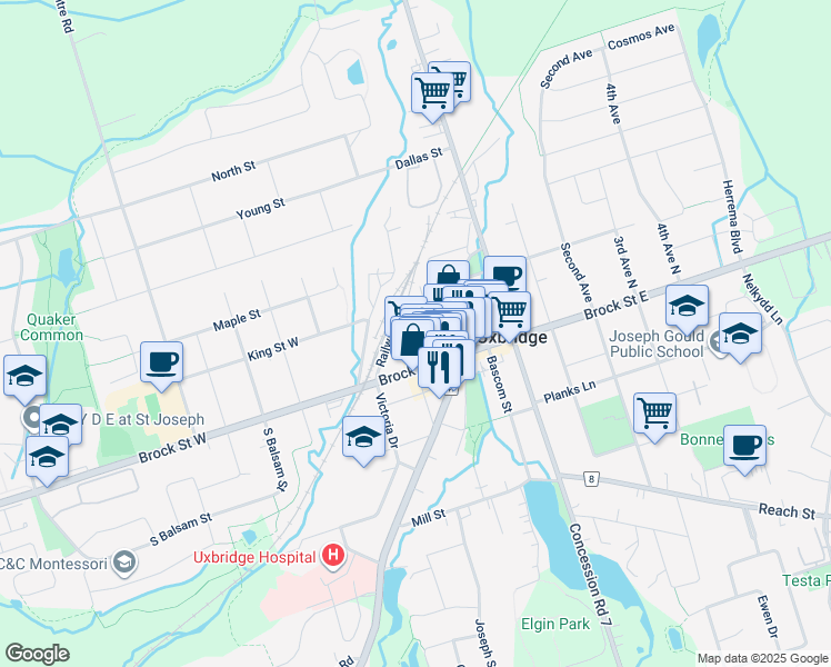 map of restaurants, bars, coffee shops, grocery stores, and more near 73 Albert Street in Uxbridge